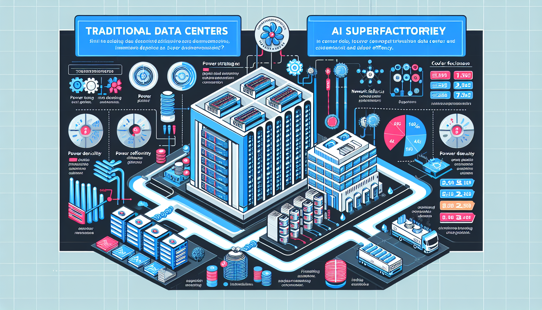 A comparative infographic illustrating the advantages of AI superfactories over traditional data centers.