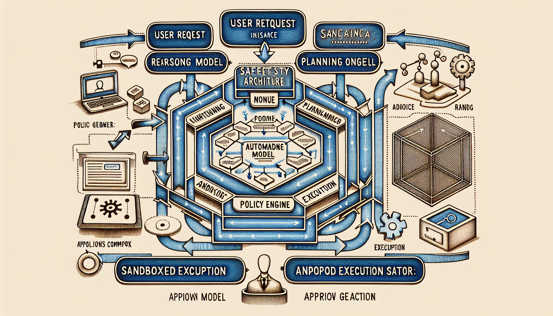An illustrated diagram that outlines the safety architecture for autonomous agent workflows.