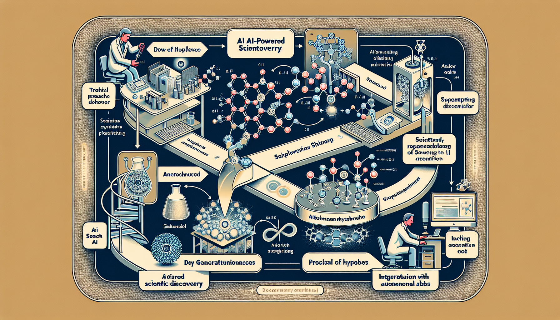 An infographic showing the workflow of AI-powered scientific discovery in materials research.