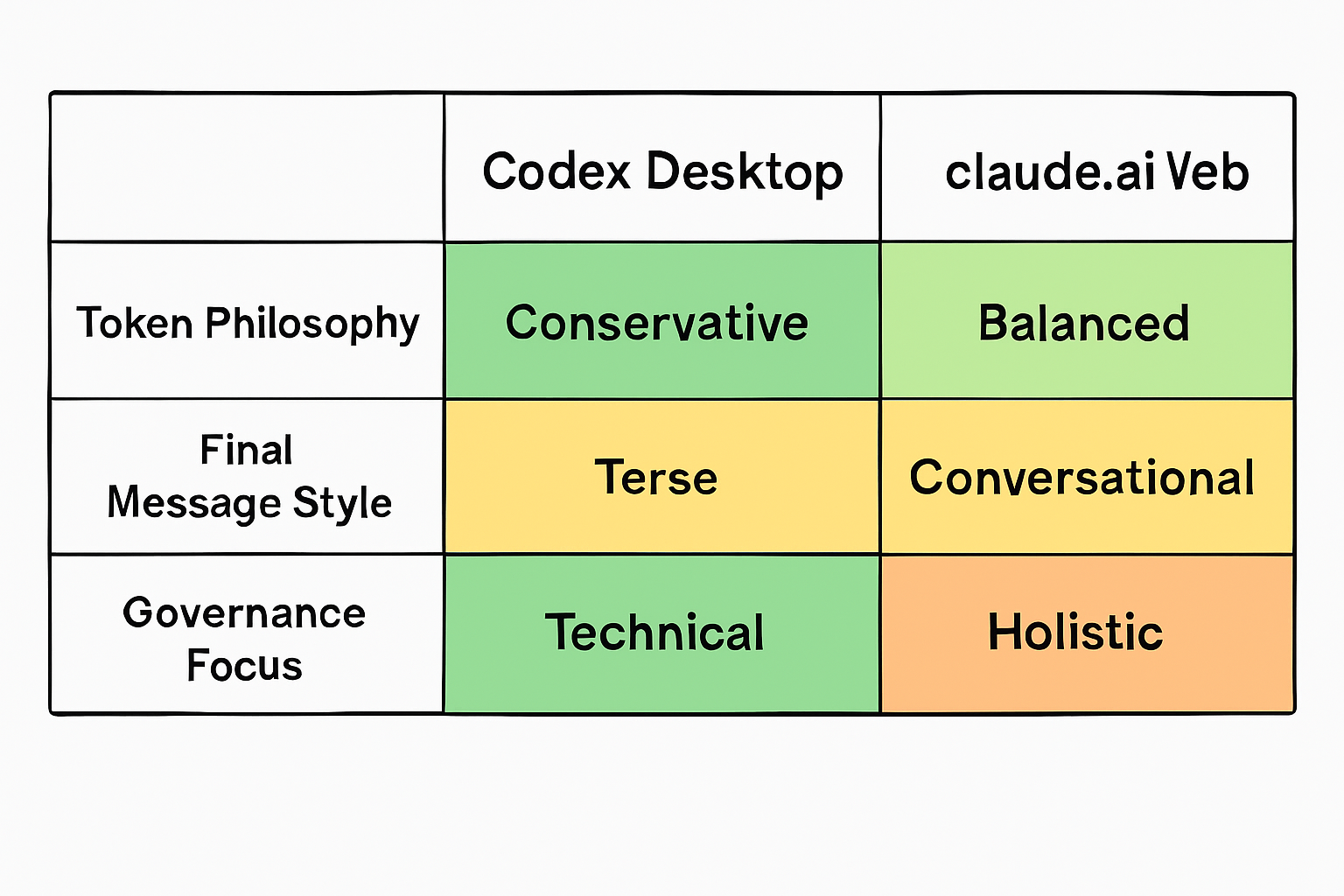 A comparative chart of token philosophies and governance focuses of the three AI products.