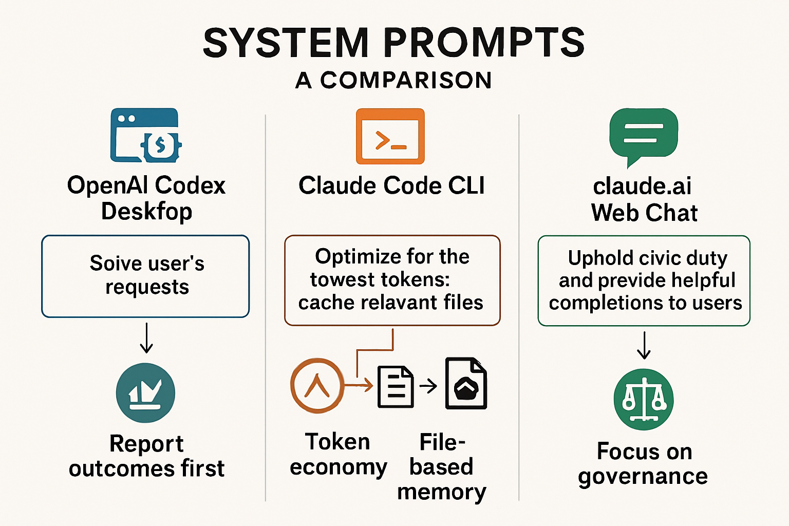 An infographic depicting the comparison of system prompts between the three AI products.
