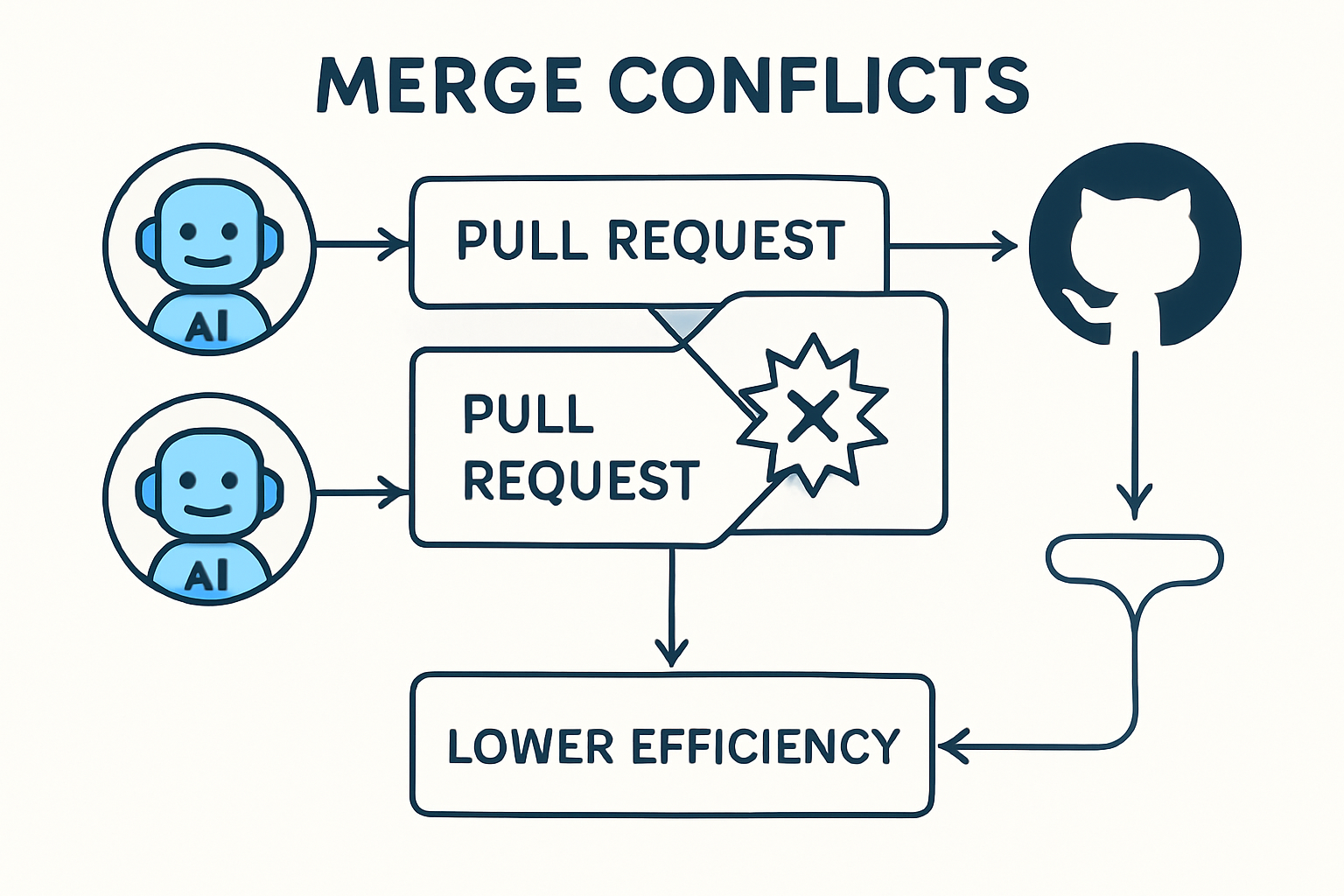 An infographic that visually represents how merge conflicts occur due to overlapping pull requests in a software development context.