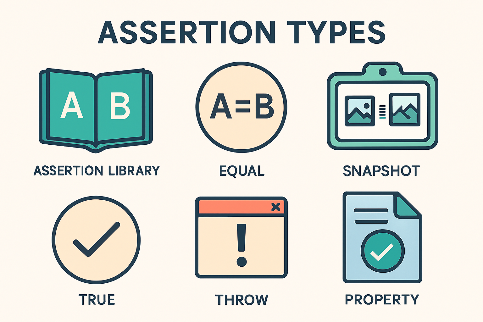 Six assertion forms a suite can use: an assertion library, an equality check, a snapshot comparison, a truthiness check, an expected throw, and a property check.
