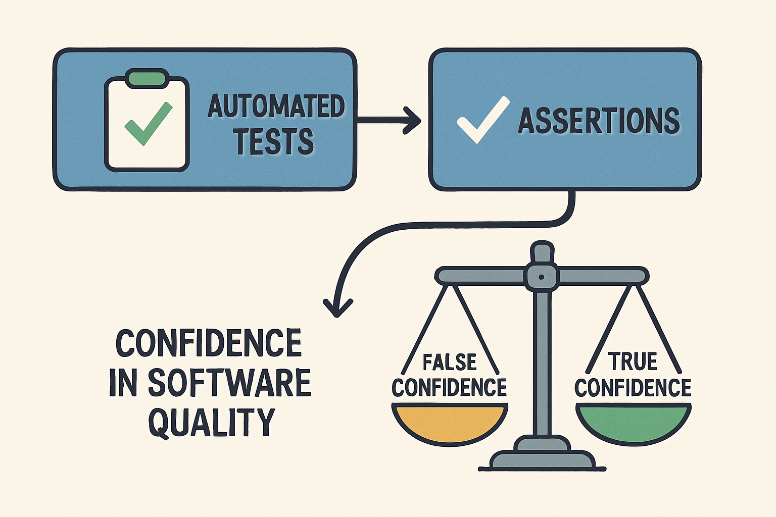Automated tests feeding into assertions, over a balance scale weighing false confidence against true confidence.