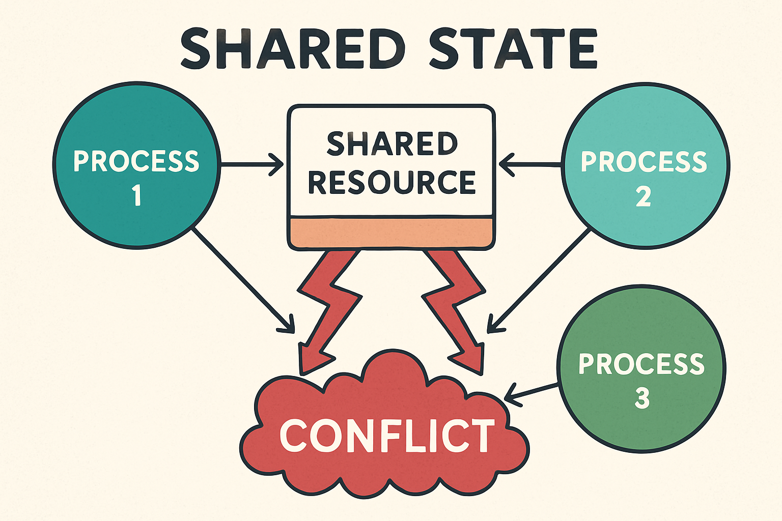 An illustration depicting shared state issues in concurrent programming, highlighting the potential conflicts that arise.